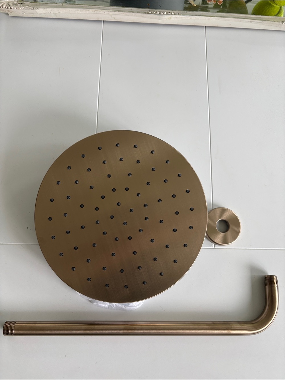Delta Champagne Bronze Round Rain 10in Shower Head with Arm and Escutcheon